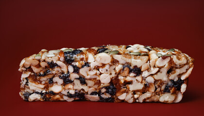 Kozinak from various nuts with dried fruits on a red background.