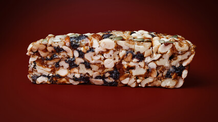 Kozinak from various nuts with dried fruits on a red background.