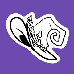 Pointed witch hat for Halloween holiday. Pointy cap, creepy Helloween headwear. October party head wear, magic accessory, decoration, lineart sticker. Isolated flat line-art vector illustration