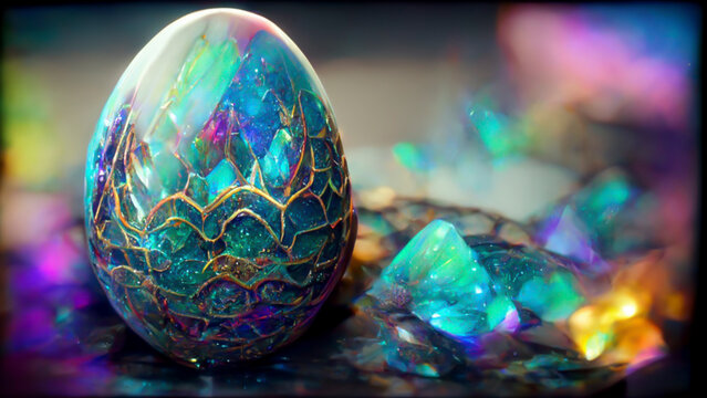 
Diamond dragon eggs with egg shells with dragon scales and colored like diamonds that reflect the colors of the light.