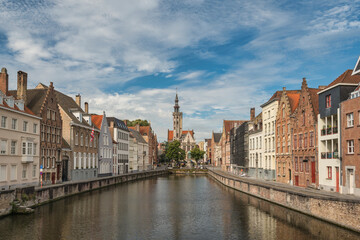 Fototapeta na wymiar Bruges Belgium, city skyline at Spiegelrei Canal view from King's Bridge (Koningsbrug)