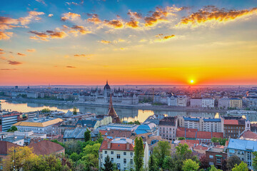 Fototapeta na wymiar Budapest Hungary, city skyline sunrise at Hungarian Parliament and Danube River