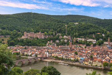 Fototapeta na wymiar Heidelberg Germany, city skyline at Neckar River with Alte Old Bridge and Heidelberg Schloss Castle
