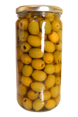 Juicy green olives in a transparent jar for your booklet design or store advertisement