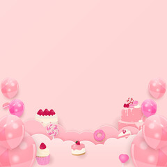 Dessert and cloud with helium balloons background