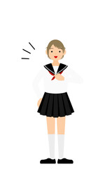 白いセーラー服を着た女子生徒、胸を叩くお任せのポーズ