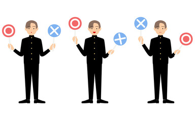 マルバツ棒で問題に答える学ランを着た男子生徒のセット