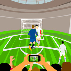 Vector of crowd Football or soccer fans supporting their team at stadium, cheering, and celebrating goal, victory, making video on mobile.
