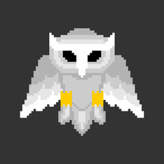 White Owl Pixel art. 8 bit eagle-ow. pixelatedl Vector illustration