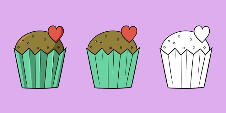 Horizontal set of images, delicious chocolate cupcake with sugar crumbs and a heart , vector cartoon
