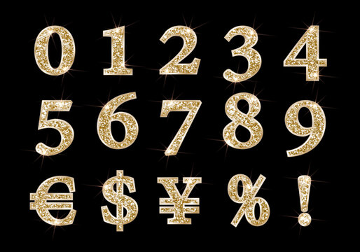 A set of numbers and signs of currencies in gold, sparkling with glitter and a metallic stroke.