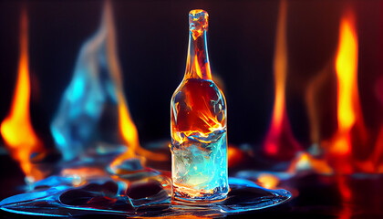 a bottle half full half empty, half filled with fire, half filled with ice
