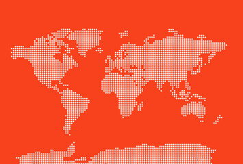 Eine gerasterte Weltkarte, Abbild einer Weltkarte mit roten Hintergrund.
