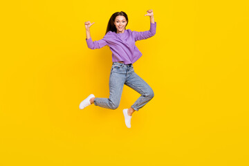 Fototapeta na wymiar Full length photo of overjoyed funky lady two arms fingers direct herself celebrate success achievement isolated on yellow color background