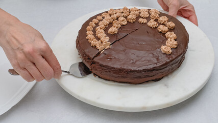 Homemade chocolate cake with chocolate cream frosting and chocolate ganache close up