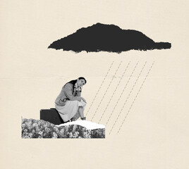 Contemporary art collage. Conceptual image. Young woman sitting on suitcase under rain and feeling sadness