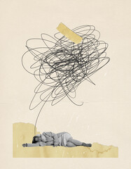 Contemporary art collage. Conceptual image. Young woman lying, sleeping. Feeling tired and depressed