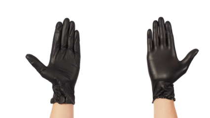 Two Hands is wear black latex gloves on transparent background.