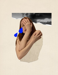 Contemporary art collage. Conceptual image. Young girl suffering from depression, broken heart, loneliness