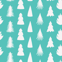 Merry Christmas and Happy New Year seamless pattern with various christmas tree. Modern hand draw illustrations. Colorful contemporary art