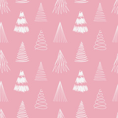 Merry Christmas and Happy New Year seamless pattern with various christmas tree. Modern hand draw illustrations. Colorful contemporary art