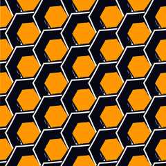 Obraz premium Paint brush hexagons. Hand drawn honeycombs background. Hexahedrons wallpaper. Hives motif. Geometric backdrop. Ethnic digital paper. Web designing. Textile print. Seamless pattern