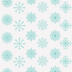 Merry Christmas and Happy New Year seamless pattern with various snowflakes. Modern hand draw illustrations. Colorful contemporary art
