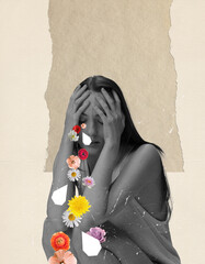 Contemporary art collage. Conceptual image. Portrait of young sad girl feeling stress and depression. Flower tears