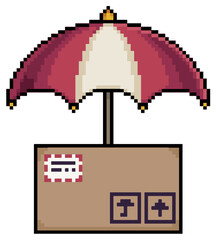 Pixel art cardboard box with umbrella, package protected vector icon for 8bit game on white background