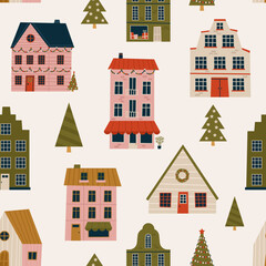 Merry Christmas and Happy New Year seamless pattern with various tiny houses. Modern hand draw illustrations. Colorful contemporary art