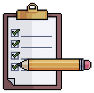 Pixel art clipboard with checklist and pencil vector icon for 8bit game on white background