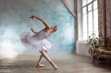 a professional ballerina in a white tutu is dancing in a room with blue wall and smoke
