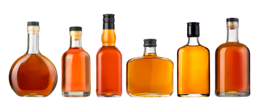 whiskey bottles on transparent background,