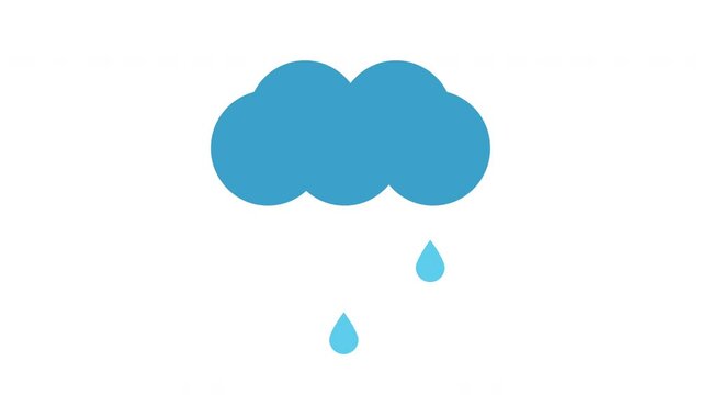 Rain animation. Animation cartoon blue cloud moves and raindrops fall down on a white background.