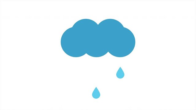 Rain animation. Animation cartoon blue cloud and raindrops falling down on a white background.