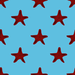 Seamless pattern with starfishes. Beautiful red coral star on blue background. Summer print with tropical sea animal for wallpaper.