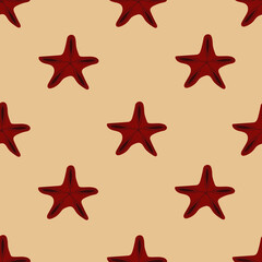 Seamless pattern with starfishes. Beautiful red coral star on sand background. Summer print with tropical sea animal for wallpaper.