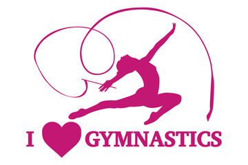 I love rhythmic gymnastics. Young gymnast woman dance with ribbon. Gymnast silhouette. Vector illustration - obrazy, fototapety, plakaty