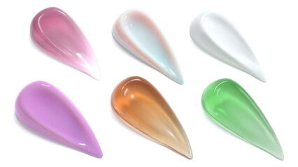 Smears of cosmetic cream, gel, scrub in white, green, pink and brown colors. Angle view. Drops of makeup, moisturizer, balm smeared and isolated on white background. Dry skin protection and skincare.