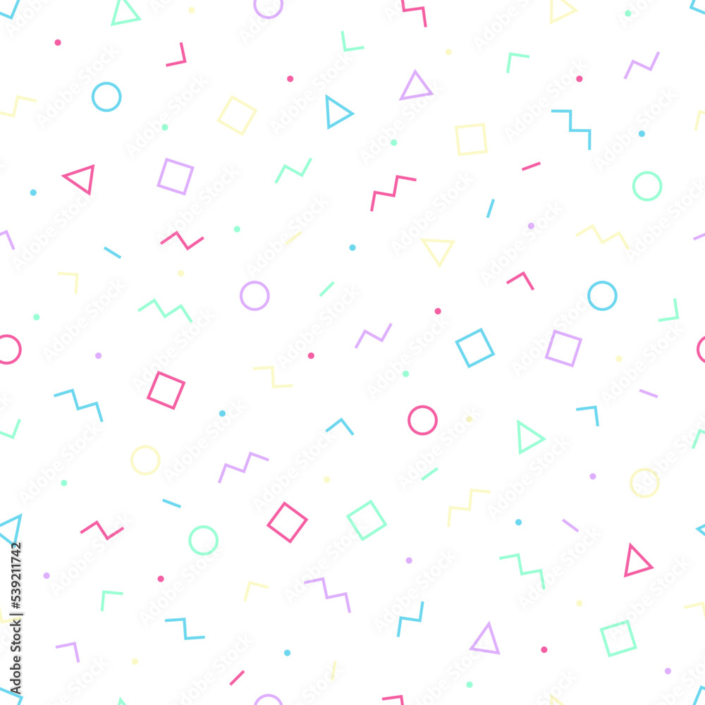 Wall mural abstract background of geometric shapes memphis style. vector seamless pattern with punchy colors