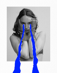Contemporary art collage. Conceptual image. Young beautiful woman crying in sadness. Feeling broken