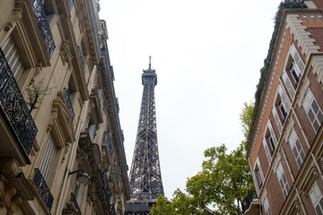 Fototapeta na wymiar view of the eiffel tower between buildings 