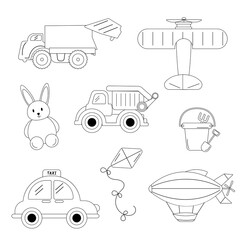A collection of children's toys outline. Car, aeroplane, hare, kites, bucket with spatula