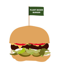 Vector flat illustration of plant-based burger with green burger flag isolated on a white background. Beef substitute or alternative, vegan, veggie, or vegetarian burger. Meatless fast food option.