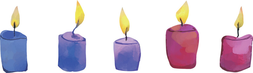 短いキャンドル5つ 水彩風ベクターイラストセット