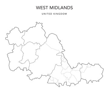 Administrative Map of West Midlands with Districts and Civil Parishes as of 2022 - United Kingdom, England - Vector Map