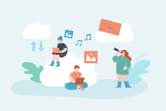Tiny people sitting on clouds and sharing or downloading files. Man and woman sending e-mails, sharing music and photos flat vector illustration. Internet, network, multimedia concept for banner