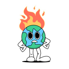 Cartoon planet Earth stands in a displeased pose. She's on fire. The concept of the problem of global warming, care for the ecology. Doodle style. Stock vector illustration of planet Earth. 