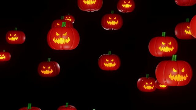 Halloween pumpkins fall down background 3d render. Sinister pumpkins with golden glowing mouth and eyes falls isolated on black background. Happy halloween party theme