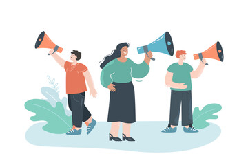 Cartoon business people talking into megaphones. Men and woman with loudspeakers making announcement flat vector illustration. Marketing, advertising, information concept for banner or landing page